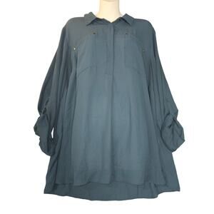Lane Bryant Womens Size 18/20‎ Blouse Sheer Teal Flowy Roll Tab Popover Career